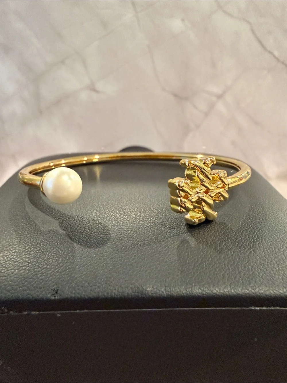 Tory Burch | Gold Plated Grooved Logo & Pearl Accent Open Cuff Bracelet